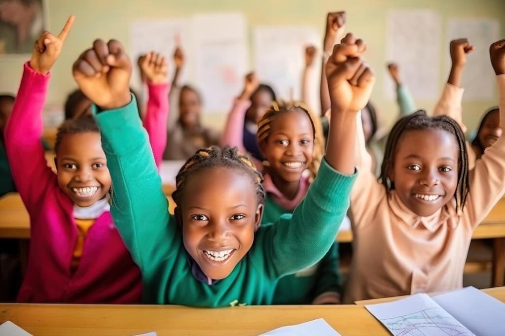 Intermediate-phase classmates celebrating participation during a lesson at Asamaths Institute