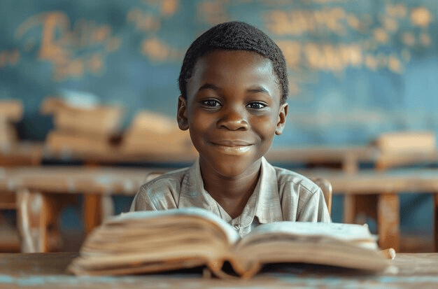 Portrait of a primary learner reading from a book for literacy support at Asamaths Institute